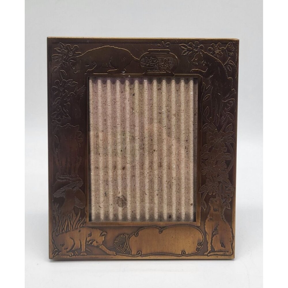 Vintage Brass Photo Frame Cats Mushrooms Floral Art Nouveau 3"x4" picture window